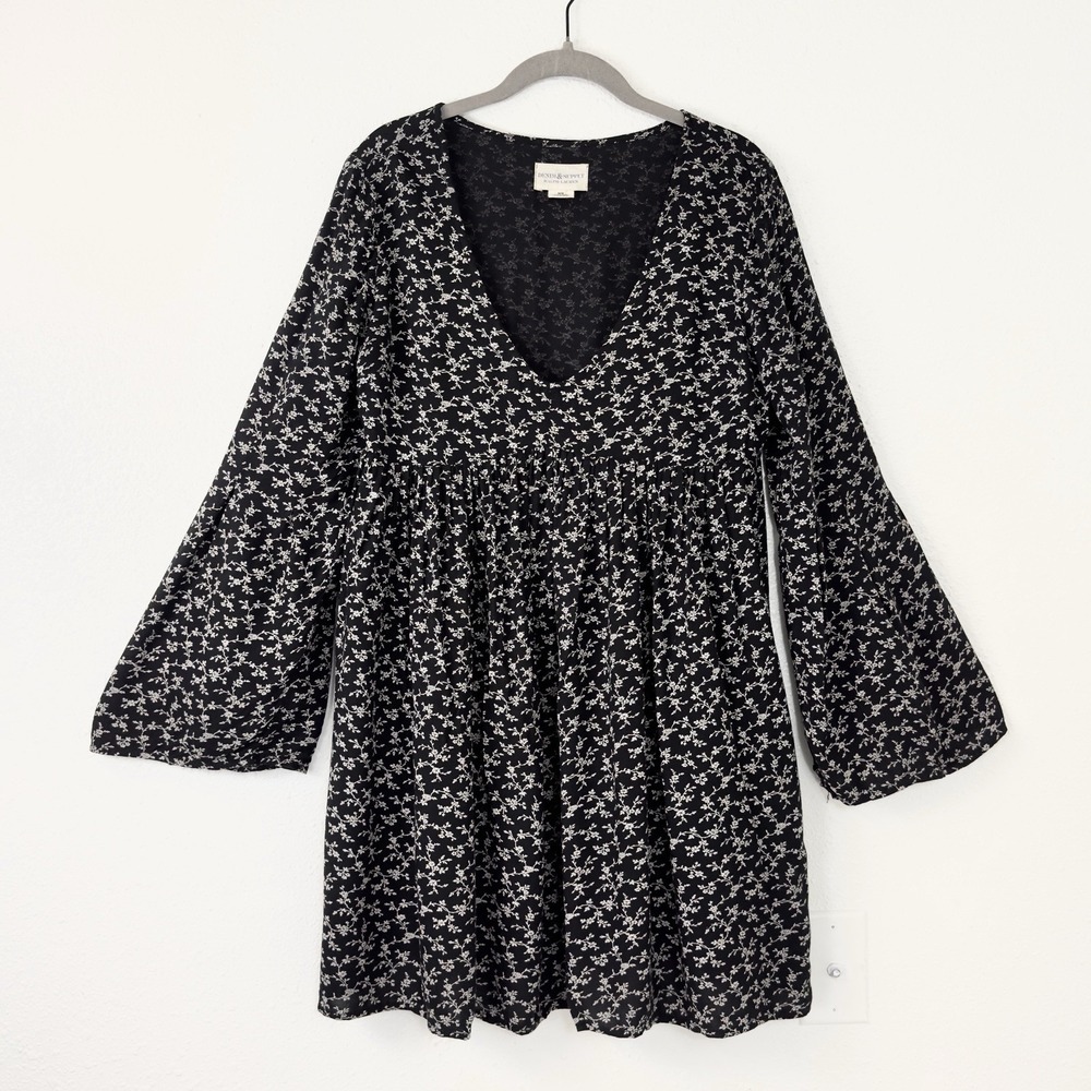 DENIM & SUPPLY Ralph Lauren Black Bell Sleeve Boho Cottage Floral Mini Dress M